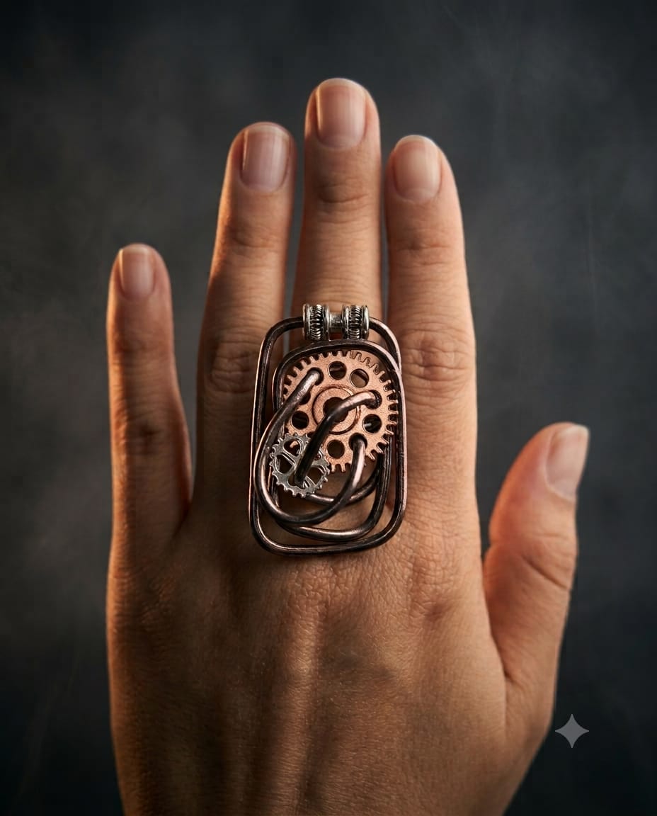 Anillo Vórtice de cobre y engranajes en la mano, entre humo
