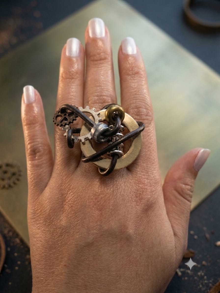 Anillo Vórtice dorado con engranajes sobre lámina de latón