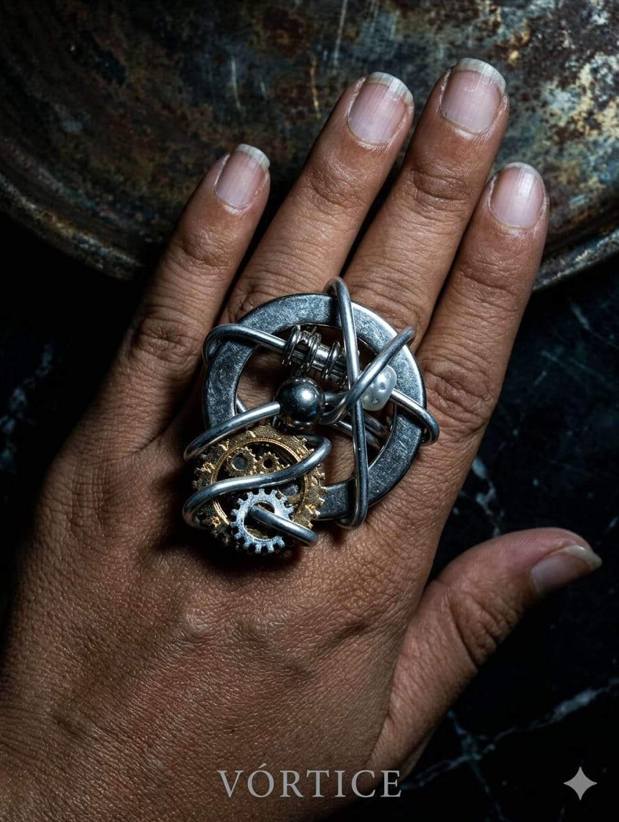 Anillo Vórtice orbital de plata con perla en la mano