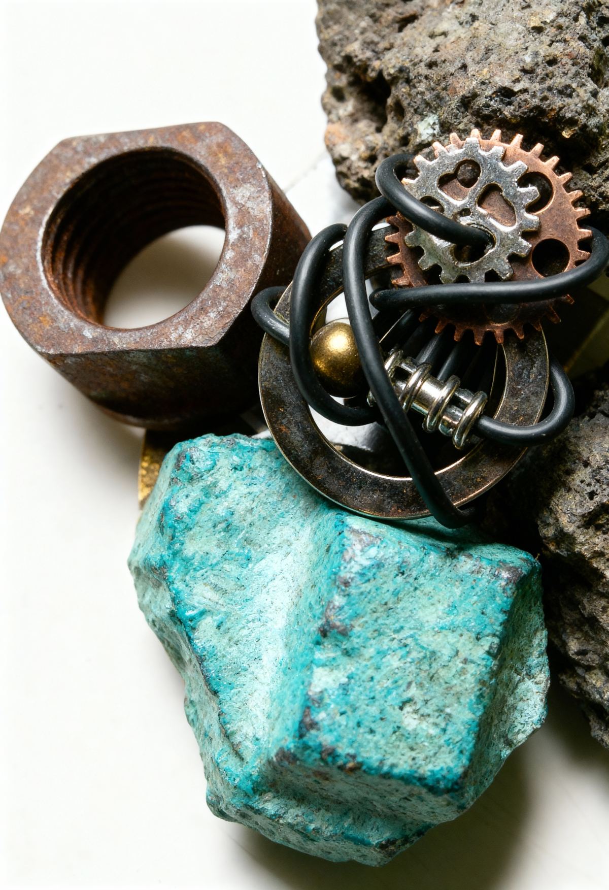 Anillo Vórtice con turquesa, tuerca oxidada y piedra volcánica